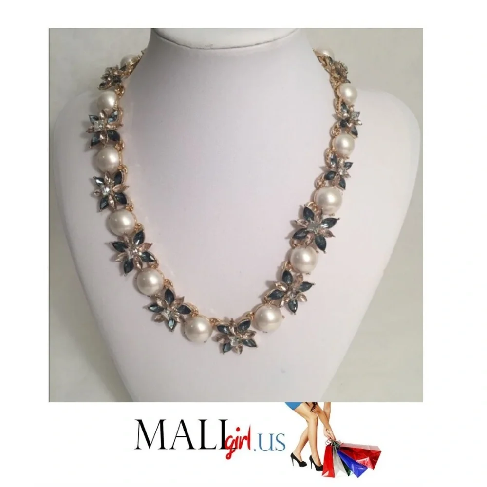 Faceted Blue Crystal and Pearl Statement Necklace